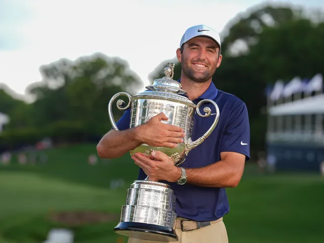 Scottie Scheffler holds the Wanamaker Trophy after winning the 2025 US PGA Championship on May 18